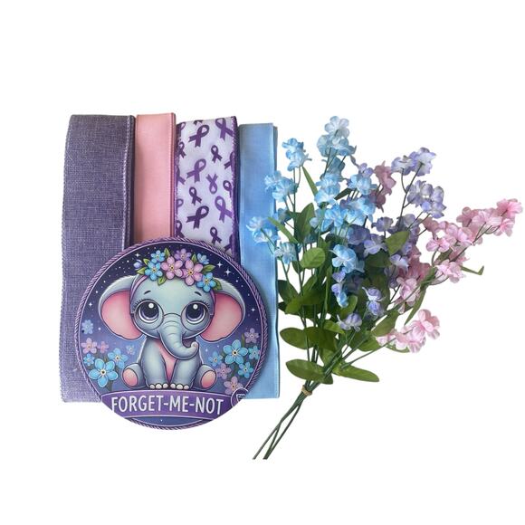 Forget-Me-Not Elephant Ribbon & Sign Bundle – Alzheimer’s Awareness Wreath Kit - Picture 1 of 6